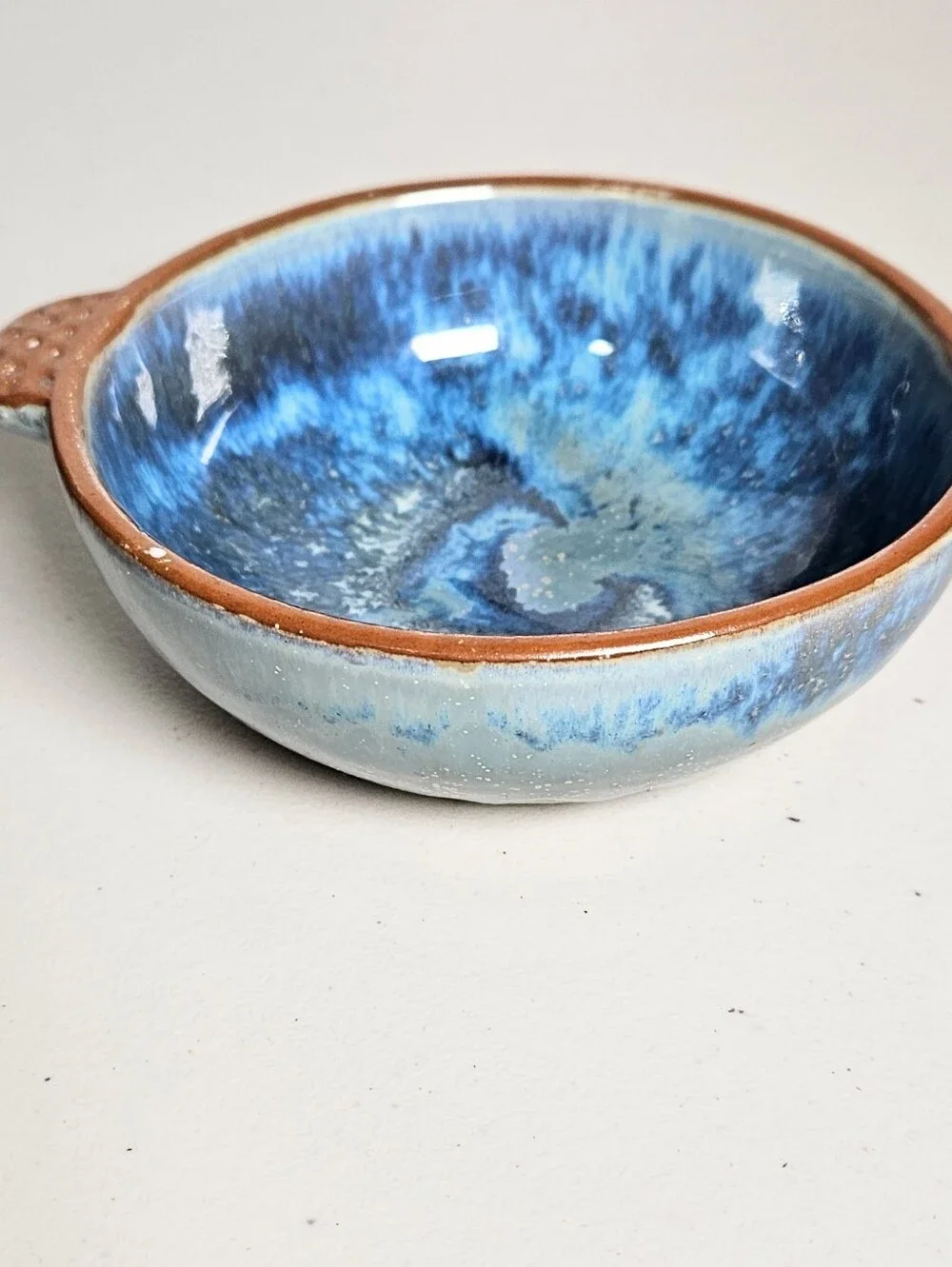 Rustic Glazed Small Pottery Bowl Dbl Handle Hand Made Blue Glaze